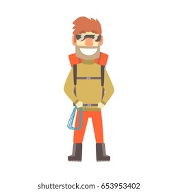 Smiling climber man in sunglasses with equipment for mountaineering, colorful character vector Illustration