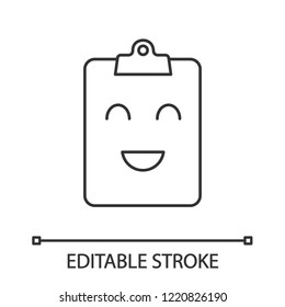Smiling clipboard linear icon. Test completed. Thin line illustration. Successful medical exam. Happy clipboard. Good results. Emoji, emoticon. Contour vector isolated outline drawing. Editable stroke