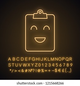 Smiling clipboard neon light icon. Test completed. Successful medical exam. Happy clipboard. Good results. Emoji, emoticon. Glowing sign with alphabet, numbers and symbol. Vector isolated illustration