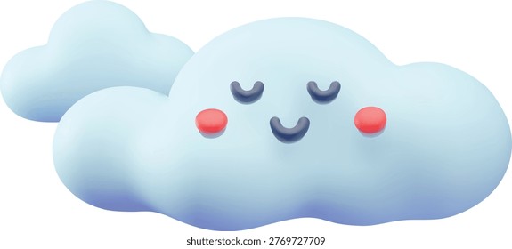 Smiling cloud 3D plastic style vector illustration. Cartoon cloudy weather forecast symbol. Realistic volume meteorology design. Render sky light fluffy lovely cloud face character with closed eyes
