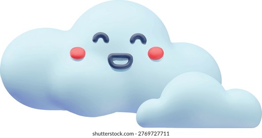 Smiling cloud 3D plastic style vector illustration. Cartoon cloudy weather forecast symbol. Realistic volume meteorology design element. Render sky light fluffy cloud cheerful character icon