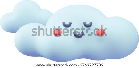 Smiling cloud 3D plastic style vector illustration. Cartoon cloudy weather forecast symbol. Realistic volume meteorology design. Render sky light fluffy lovely cloud face character with closed eyes