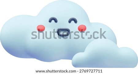 Smiling cloud 3D plastic style vector illustration. Cartoon cloudy weather forecast symbol. Realistic volume meteorology design element. Render sky light fluffy cloud cheerful character icon