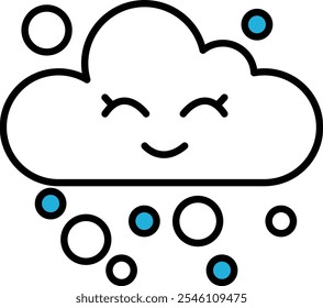 A smiling cloud with blue snowflakes falling from it. The cloud is happy and cheerful. The blue snowflakes add a sense of playfulness and whimsy to the scene