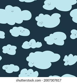 Smiling cloud character, fluffy cloudscape seamless pattern. Character with facial expression, dreamy poster or backgrounds for nursery or kids card design. Vector in flat style illustration