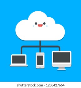 Smiling cloud connected to several devices on blue background