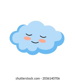Smiling cloud. Kawaii character. Blue object of sky. Symbol of cloudy weather. Mascot of weather forecast. Cute cartoon illustration