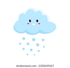 Lächelnde Wolke und Regen fallen Cartoon-Charakter. Regenwettervorhersage Emoji Emoticon, Meteorologie Kawaii, kaltschnees Wetter, fallender Schnee