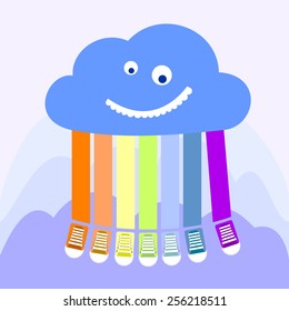 Smiling cloud with rainbow feet. Character. Vector.