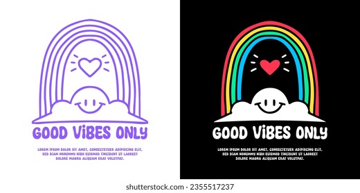 Smiling cloud and rainbow with good vibes only typography, illustration for logo, t-shirt, sticker, or apparel merchandise. With doodle, retro, groovy, and cartoon style.