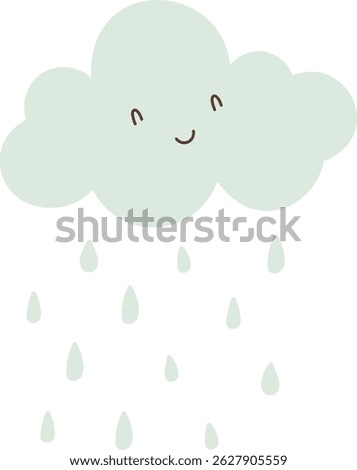 A smiling cloud with raindrops is depicted in a hand-drawn manner.  The cheerful weather image shows a lighthearted storm with precipitation. Cartoon vector illustration