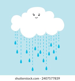 Nube sonriente con gotas de lluvia, clima de primavera o otoño, lluvia estival, nubes lindas y lluvia ligera agradable, elementos de diseño para los niños