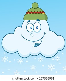 Smiling Cloud With Snowflakes Cartoon Character. Vector Illustration 