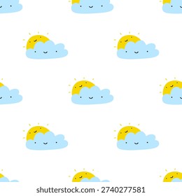 Smiling Cloud with Sun Peeking Behind. Cute Kids Seamless Pattern Hand Drawn Vector