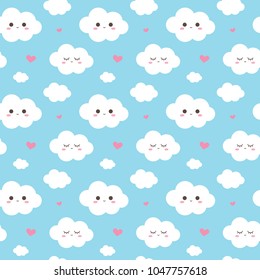 Smiling Cloud Wallpaper. Seamless Pattern. Blue pastel background. with pink heart.
