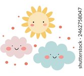 Smiling clouds and happy sun, cartoon characters. Cute Kawaii Cartoon Isolated Background. Vector illustration of Sunny Sky. 
