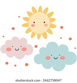 Nubes sonrientes y sol feliz, personajes de dibujos animados. Lindo fondo aislado de dibujos animados kawaii. Ilustración vectorial de Sunny Sky. 
