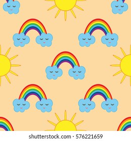 Smiling clouds with rainbow and sun. Cute seamless pattren.