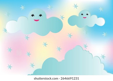 Nuvens Sorridentes E Estrelas Piscantes Em Um Céu Pastel