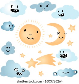Smiling clouds, sun, moon. Vector illustration set,