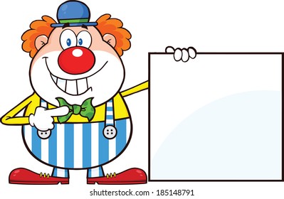 Smiling Clown Cartoon Character Showing A Blank Sign. Vector Illustration Isolated on white