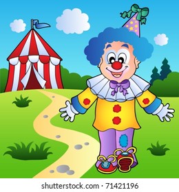 Smiling clown with circus tent - vector illustration.