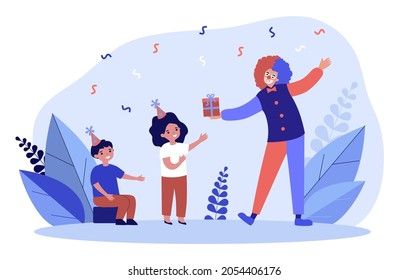 Smiling clown congratulating two happy kids with birthday. Overjoyed comic person entertaining greeting children presenting gift box. Flat vector illustration. Anniversary.
