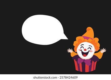 Smiling clown in a cupcake costume with a speech bubble on a black background, creating a humorous and festive design.