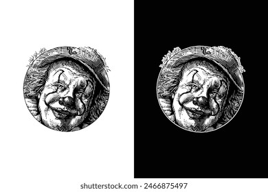 smiling clown, hand drawn woodcut engraving style vintage antique vector illustration