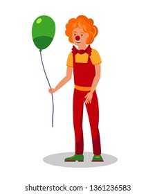 Smiling Clown Holding Balloon Vector Illustration. Young Man in Costume with Bow tie Cartoon Character. Cheerful Performer with Red Nose and Funny Wig. Party Arrangement Business, Service