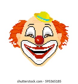 Smiling clown in the style of pixel art. Vector illustration.
Clown with red hair, red nose and hat.