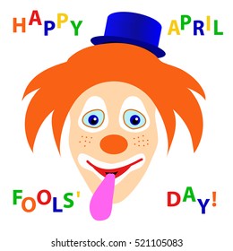 Smiling clown's with orange shaggy hair, blue hat, protruding tongue and color hopping letters phrase "Happy fools' April day" card, vector illustration of redhead jester