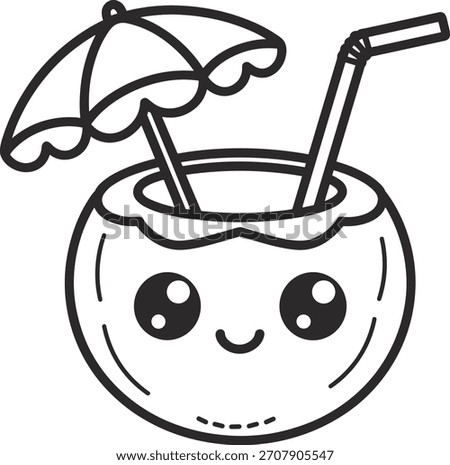 Smiling coconut drink with a tiny umbrella and straw. Outline drawing of a tropical beverage for children coloring pages. Summer refreshment perfect for coloring book for kids.