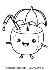 Smiling Coconut Drink with Umbrella - Kawaii Summer Coconut Coloring Page