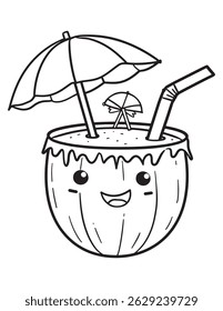 Smiling Coconut Drink with Umbrella - Kawaii Summer Coconut Coloring Page