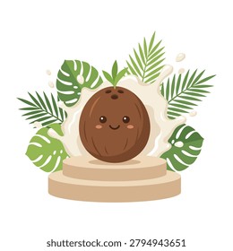 Smiling coconut placed on a podium surrounded by tropical leaves, used for food branding, packaging, and tropical themed content
