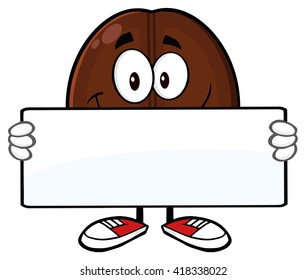Smiling Coffee Bean Cartoon Mascot Character Holding A Blank Sign. Vector Illustration Isolated On White