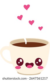 Taza de café sonriente con el rubor y el vapor rosado flotante de los corazones, ideal para las bebidas románticas dulces, la Clipart de San Valentín, y el contenido del amor.