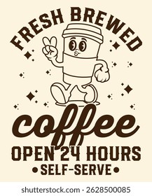 Smiling Coffee Cup Cartoon Character Giving Peace Sign with Text Fresh Brewed Coffee Open 24 Hours Self Serve Vector Illustration for Coffee Shop Advertising