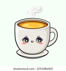 Smiling Coffee Cup. Cheerful Mug with Steam and Expressive Eyes