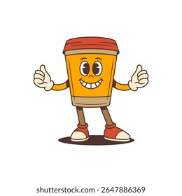 O mascote sorridente da xícara de café com braços abertos irradia simpatia e charme, perfeito para projetos de marca de café, publicidade, embalagem e marketing digital. Ilustração de vetor de desenho animado de escola antiga