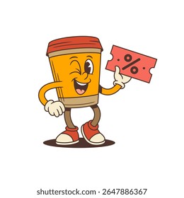 Mascote sorridente da xícara de café com piscadela e bilhete de desconto vermelho adiciona charme à marca, promoções de café, ofertas sazonais, embalagem e campanhas digitais. Ilustração do vetor estético do desenho animado da velha escola