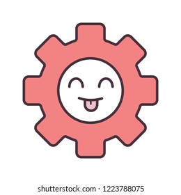 Smiling cogwheel color icon. Happy gear. Progress process. Happy innovation. Emoji, emoticon. Isolated vector illustration