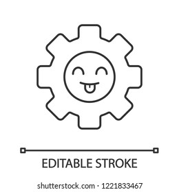 Smiling cogwheel linear icon. Happy gear. Thin line illustration. Progress process. Happy innovation. Emoji, emoticon. Contour symbol. Vector isolated outline drawing. Editable stroke
