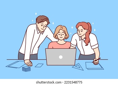 Smiling colleagues look at laptop screen work together on business project in office. Happy businesspeople brainstorm cooperate together on computer. Teamwork. Vector illustration. 
