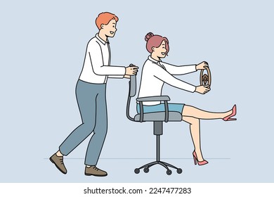 Smiling colleagues relax ride on chairs in office. Happy employees or workers have fun during leisure time at workplace. Vector illustration. 