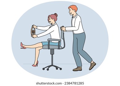 Smiling colleagues relax ride on chairs in office. Happy employees or workers have fun during leisure time at workplace. Vector illustration.