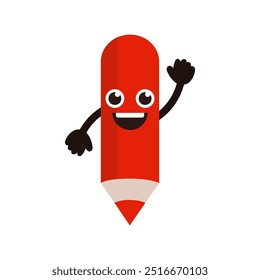 Smiling colored pen cartoon character waving hand greeting. Education, school learning, art, creativity concept. Flat decorative character vector design isolated on white background.