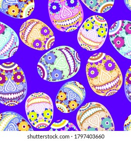 Smiling colored skulls calavera on blue vector seamless pattern. Bold colors ornamental smiling skulls for traditinal mexican day of the dead festival. Detailed colorful calavera vector pattern