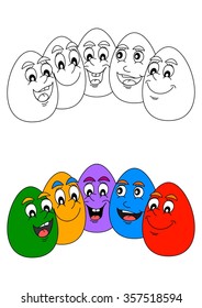 Smiling Colorful Easter eggs as coloring books for little kids - vector